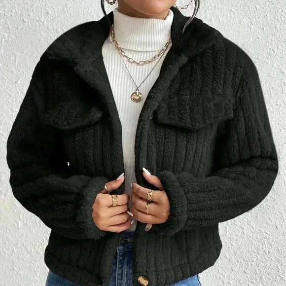 Black Casual Women's Flap Detail Button Front Flannel Jacket - Picture 3 of 6